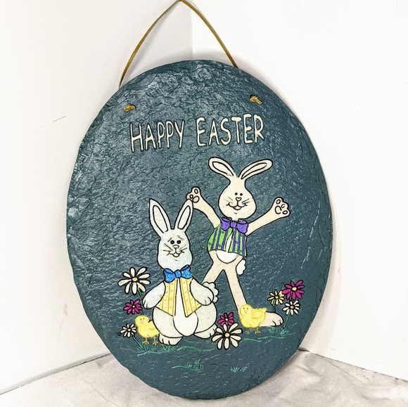 Oval Hanging Shale Rock Happy Easter Sign - Picture 1 of 9